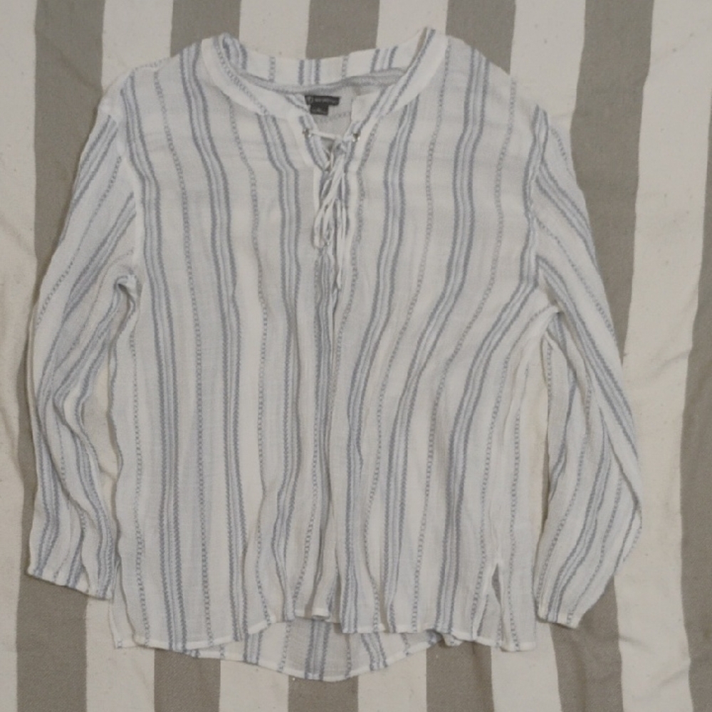 New Directions Women's XL Blue and White Stripped Classic Long Sleeve Blouse Tie